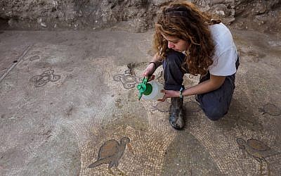 Excavating the mosaic floor at a Byzantine-period church complex found in Ramat Beit Shemesh, 2017. (Assaf Peretz, Israel Antiquities Authority)