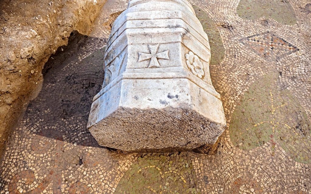 Pillar found at a Byzantine-period church complex found in Ramat Beit Shemesh, 2017. (Assaf Peretz, Israel Antiquities Authority)