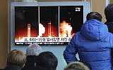 Illustrative: A TV screen shows a local news program reporting a North Korea missile launch, at the Seoul Railway Station in Seoul, South Korea, November 30, 2017. (AP/Ahn Young-joon)