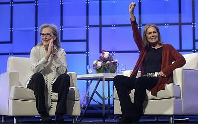 Academy Award-winning actress Meryl Streep, left, and feminist icon Gloria Steinem appear before an audience, December 7, 2017, during the 13th annual Massachusetts Conference for Women, in Boston. (AP Photo/Steven Senne)