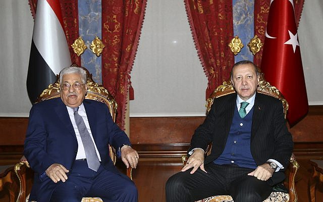 Turkish President Recep Tayyip Erdogan, right, meets with Palestinian Authority President Mahmoud Abbas, left, in Istanbul, on December 12, 2017. (Kayhan Ozer/Pool Photo via AP) Turkish President Recep Tayyip Erdogan, right, meets with Palestinian Authority President Mahmoud Abbas, left, in Istanbul, on December 12, 2017. (Kayhan Ozer/Pool Photo via AP)