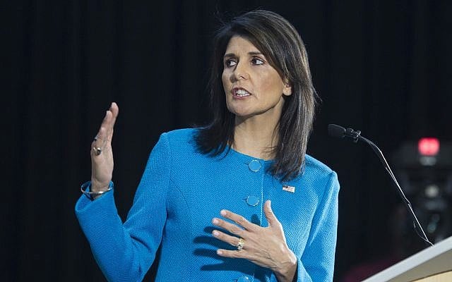 US Ambassador to the UN Nikki Haley during a press briefing at Joint Base Anacostia-Bolling, December 14, 2017, in Washington. (AP Photo/Cliff Owen) US Ambassador to the UN Nikki Haley during a press briefing at Joint Base Anacostia-Bolling, December 14, 2017, in Washington. (AP Photo/Cliff Owen)