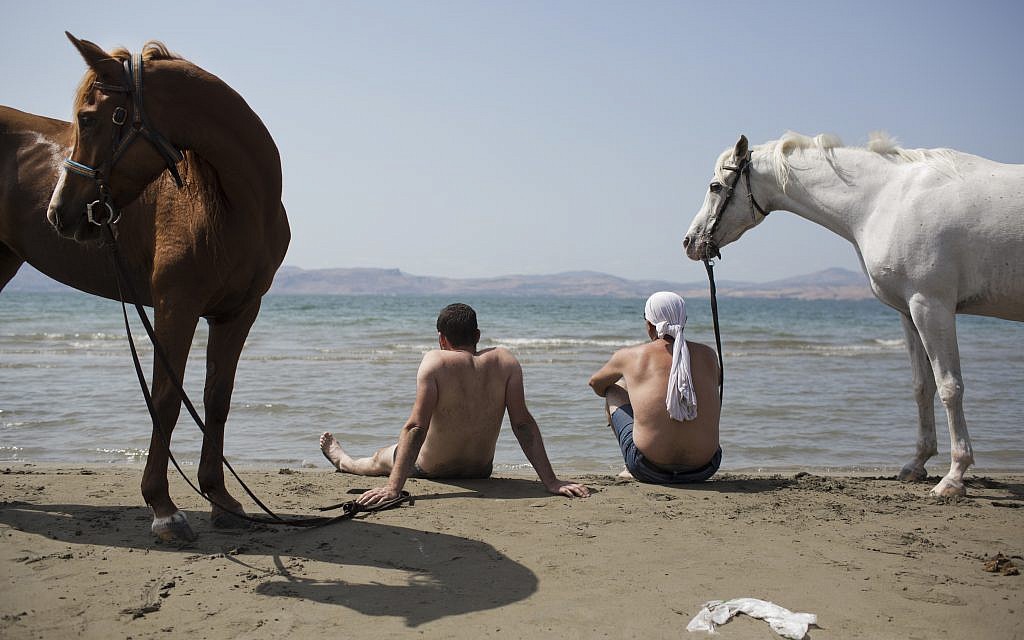 In this Saturday, September 23, 2017 photo, Israeli Druze men sit with their horses on the shores of the Sea of Galilee near the northern Israeli Kibbutz of Ein Gev. (AP Photo/Oded Balilty)