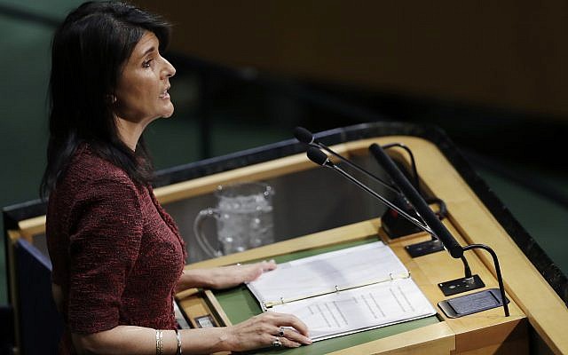 US Ambassador to the United Nations Nikki Haley speaks at the UN General Assembly, Thursday, Dec. 21, 2017, at United Nations headquarters. (AP Photo/Mark Lennihan) US Ambassador to the United Nations Nikki Haley speaks at the UN General Assembly, Thursday, Dec. 21, 2017, at United Nations headquarters. (AP Photo/Mark Lennihan)