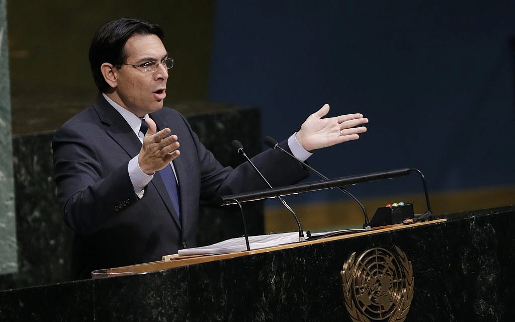 Danny Danon, Israel's ambassador to the UN, speaks at the General Assembly on December 21, 2017, at United Nations headquarters. (AP Photo/Mark Lennihan)