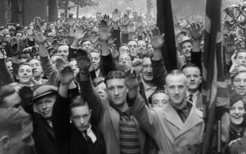 A photo of the British Union of Fascists, giving the fascist salute, on October 3, 1937. (Courtesy Jewish Britain on Film)