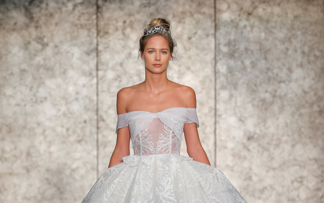A gown from Inbal Dror's wedding dress collection at New York Bridal Fashion Week, October, 2017. (Courtesy/Dan Lecca) A gown from Inbal Dror's wedding dress collection at New York Bridal Fashion Week, October, 2017. (Courtesy/Dan Lecca)