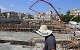 The construction site of the new building for the ultra orthodox chassidic sect of Belz Machnovka, in the orthodox Jewish town of Bnei Brak, on August 16, 2017. (Yaakov Naumi/Flash90)