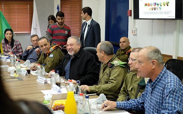 Defense Minister Avigdor Liberman meets with military officials and the heads of local governments about the situation in Gaza in the IDF's Gaza Division headquarters on December 19, 2017. (Judah Ari Gross/Times of Israel) Defense Minister Avigdor Liberman meets with military officials and the heads of local governments about the situation in Gaza in the IDF's Gaza Division headquarters on December 19, 2017. (Judah Ari Gross/Times of Israel)