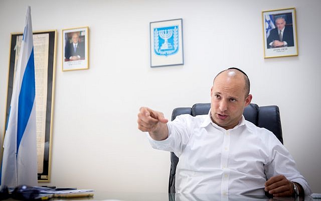 Israeli minister of Education Naftali Bennett seen during an interview, in his office at the Ministry of Education in Tel Aviv, on August 28, 2016. (Miriam Alster/FLASH90) Israeli minister of Education Naftali Bennett seen during an interview, in his office at the Ministry of Education in Tel Aviv, on August 28, 2016. (Miriam Alster/FLASH90)