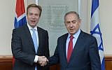 Prime Minister Benjamin Netanyahu meets with Norwegian Foreign Minister Børge Brende in Jerusalem, on January 12, 2017. (Amos Ben Gershom/GPO)
