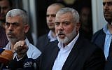 Hamas chief Ismail Haniyeh speaks to the press at the Rafah Border Crossing with Egypt in the southern Gaza Strip on September 19, 2017. (Abed Rahim Khatib/Flash90)