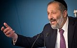 Interior Minister Aryeh Deri at a press conference announcing a new reform for small businesses at the Prime Minister's Office in Jerusalem, on December 3, 2017. (Yonatan Sindel/Flash90)
