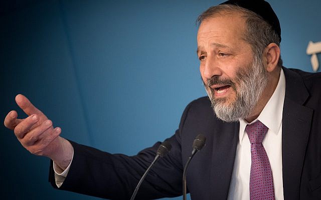 Interior Minister Aryeh Deri at a press conference announcing a new reform for small businesses at the Prime Minister's Office in Jerusalem, on December 3, 2017. (Yonatan Sindel/Flash90) Interior Minister Aryeh Deri at a press conference announcing a new reform for small businesses at the Prime Minister's Office in Jerusalem, on December 3, 2017. (Yonatan Sindel/Flash90)