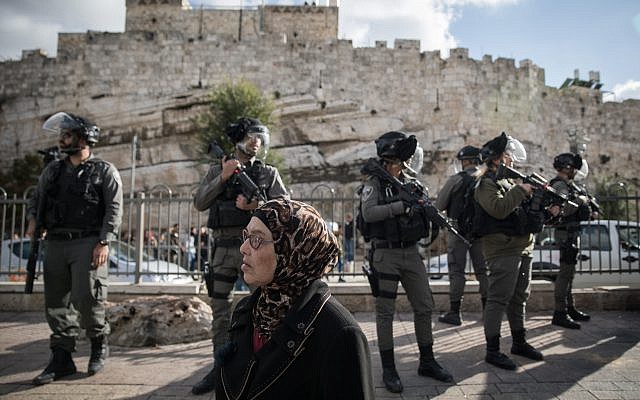Israeli Border Police stand guard during a protest by Palestinians at Damascus Gate in the Old City of Jerusalem, following US President Donald Trump's announcement that he recognized Jerusalem as the capital of Israel, on December 7, 2017. (Hadas Parush/Flash90) Israeli Border Police stand guard during a protest by Palestinians at Damascus Gate in the Old City of Jerusalem, following US President Donald Trump's announcement that he recognized Jerusalem as the capital of Israel, on December 7, 2017. (Hadas Parush/Flash90)