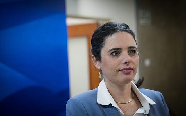 Justice Minister Ayelet Shaked arrives for the weekly government meeting at the Prime Minister's Office in Jerusalem, December 17, 2017. (Yonatan Sindel/Flash90) Justice Minister Ayelet Shaked arrives for the weekly government meeting at the Prime Minister's Office in Jerusalem, December 17, 2017. (Yonatan Sindel/Flash90)