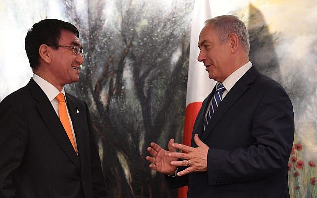 Prime Minister Benjamin Netanyahu (right) meets with Japanese Foreign Minister Taro Kono in Jerusalem on December 25, 2017. (Kobi Gideon/GPO) Prime Minister Benjamin Netanyahu (right) meets with Japanese Foreign Minister Taro Kono in Jerusalem on December 25, 2017. (Kobi Gideon/GPO)