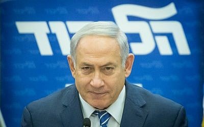Prime Minister Benjamin Netanyahu during a Likud party faction meeting at the Knesset, on December 25, 2017. (Miriam Alster/Flash90) Prime Minister Benjamin Netanyahu during a Likud party faction meeting at the Knesset, on December 25, 2017. (Miriam Alster/Flash90)