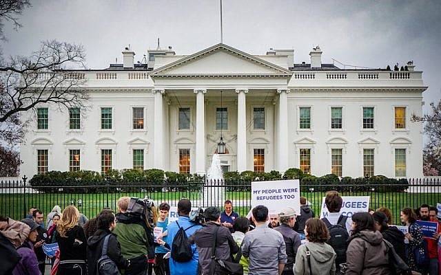 A HIAS protest in front of the White House in which people shared stories of their family members who were refugees or immigrants, March 1, 2017. (Ted Eytan via JTA) A HIAS protest in front of the White House in which people shared stories of their family members who were refugees or immigrants, March 1, 2017. (Ted Eytan via JTA)