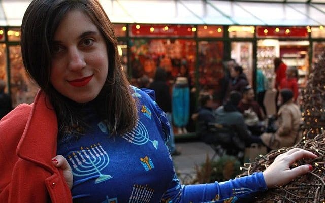 Molly Tolsky poses in her Hanukkah dress, Bryant Park, New York, 2017 (Marissa Roer) Molly Tolsky poses in her Hanukkah dress, Bryant Park, New York, 2017 (Marissa Roer)