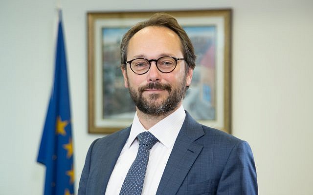 EU Ambassador to Israel Emanuele Giaufret in his Ramat Gan office in December 2017. (Ariel Zandberg) EU Ambassador to Israel Emanuele Giaufret in his Ramat Gan office in December 2017. (Ariel Zandberg)