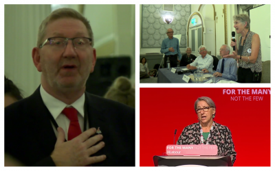 Photos from the 2017 Jewish Voice for Labour conference, clockwise, from left: Ken McCluskey, general secretary of UNITE; Jenny Manson, chair of Jewish Voice for Labour introducing filmmaker Ken Loach; Leah Lavane speaking on behalf of her Hastings and Rye district. (Screenshots/YouTube)
