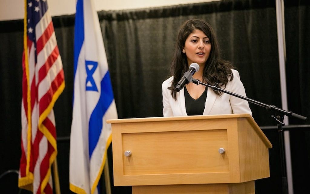 Lian Najami speaking at an Israeli Independence Day student gala at Boston University, in Boston, Mass., April 6, 2017. (Nir Landau for Combined Jewish Philanthropies via JTA) Lian Najami speaking at an Israeli Independence Day student gala at Boston University, in Boston, Mass., April 6, 2017. (Nir Landau for Combined Jewish Philanthropies via JTA)