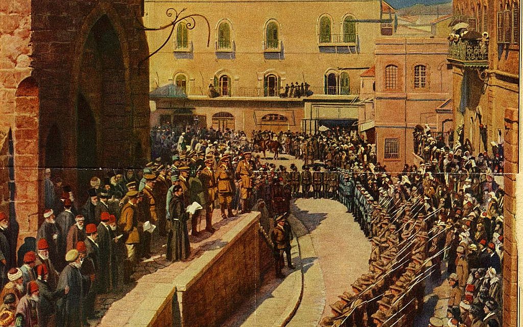Reading the proclamation by General Allenby on the steps of the Tower of David (Courtesy of Tower of David Archives)