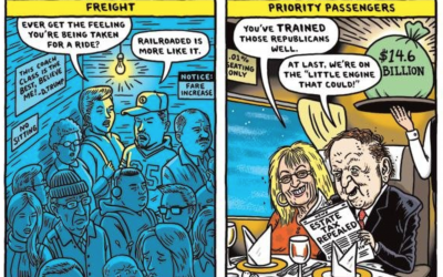 Part of a December 1, 2017, Boston Globe cartoon showing Sheldon and Miriam Adelson