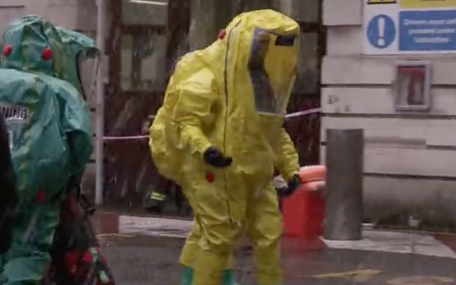 British emergency services hold a chemical attack drill at the Israeli Embassy in London, December 10, 2017 (Daily Mail screenshot) British emergency services hold a chemical attack drill at the Israeli Embassy in London, December 10, 2017 (Daily Mail screenshot)