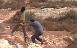 An Israeli settler assaults rabbi-activist Arik Ascherman who was accompanying a group of Palestinian farmers to their fields near Nablus on October 23, 2015. (Screen capture/ YouTube)