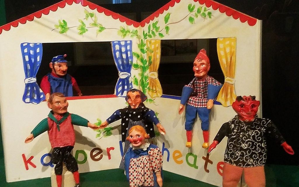 The 'Punch and Judy' puppet show created by Alice Cohn shortly after the end of World War II, on temporary display at the National Holocaust Museum of the Netherlands in Amsterdam, December 2017 (Matt Lebovic/The Times of Israel)