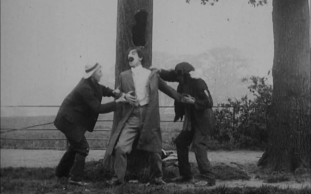 A still from the 1908 film, 'The Robber and the Jew.' Many early British depictions of Jews were stereotypically anti-Semitic. This film is part of the 'Jewish Britain on Film' project. (Courtesy)