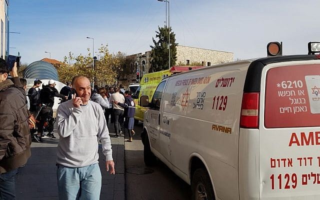 Ambulances arrive at the scene of a suspected terror attack at the Jerusalem Central Bus Station on December 10, 2017. (Magen David Adom) Ambulances arrive at the scene of a suspected terror attack at the Jerusalem Central Bus Station on December 10, 2017. (Magen David Adom)