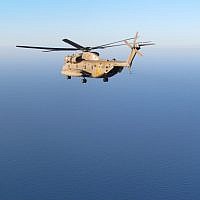 An Israeli heavy transport helicopter flies over the waters surrounding Cyprus as part of a binational exercise in early December 2017. (Israel Defense Forces)