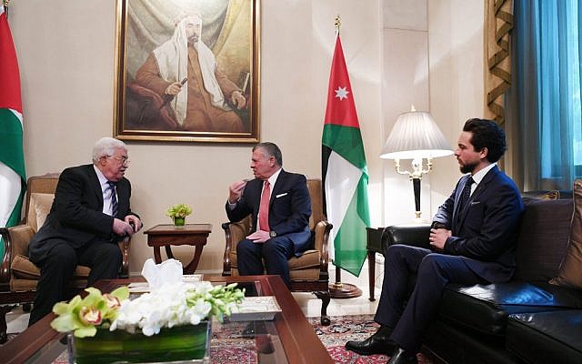 Palestinian Authority President Mahmoud Abbas (left) meets with with Jordan’s King Abdullah II (center) and Jordanian Crown Prince Hussein. (Wafa / Thaer Ghnaim) Palestinian Authority President Mahmoud Abbas (left) meets with with Jordan’s King Abdullah II (center) and Jordanian Crown Prince Hussein. (Wafa / Thaer Ghnaim)