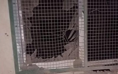 The window of a Gaza schoolroom hit by a failed rocket launch, December 13, 2017 (Facebook/COGAT)