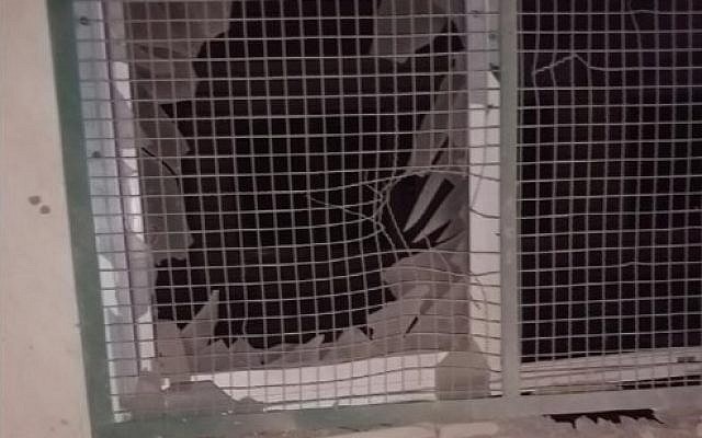 The window of a Gaza schoolroom hit by a failed rocket launch, December 13, 2017 (Facebook/COGAT)