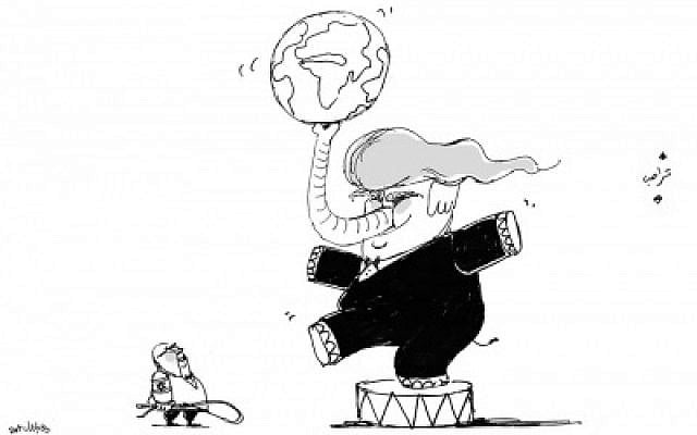 In a cartoon published on December 17, 2017 in Egypt's Al-Masry Al-Youm newspaper, depicting US President Donald Trump as a circus elephant balancing the globe on its trunk on the command of its Israeli trainer, following Trump's recognition of Jerusalem as Israel's capital. (via the Anti-Defamation League)