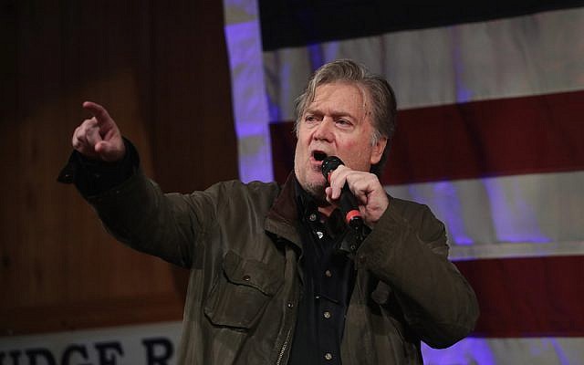 Former adviser to US President Donald Trump and executive chairman of Breitbart News, Steve Bannon, speaks at a campaign event for Republican candidate for the US Senate in Alabama Roy Moore on September 25, 2017 in Fairhope, Alabama. (Scott Olson/Getty Images via JTA) Former adviser to US President Donald Trump and executive chairman of Breitbart News, Steve Bannon, speaks at a campaign event for Republican candidate for the US Senate in Alabama Roy Moore on September 25, 2017 in Fairhope, Alabama. (Scott Olson/Getty Images via JTA)