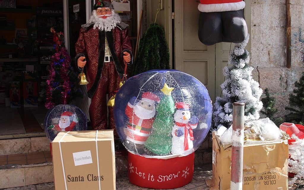 Christmas ornaments on sale in Jerusalem's Old City. (Shmuel Bar-Am)