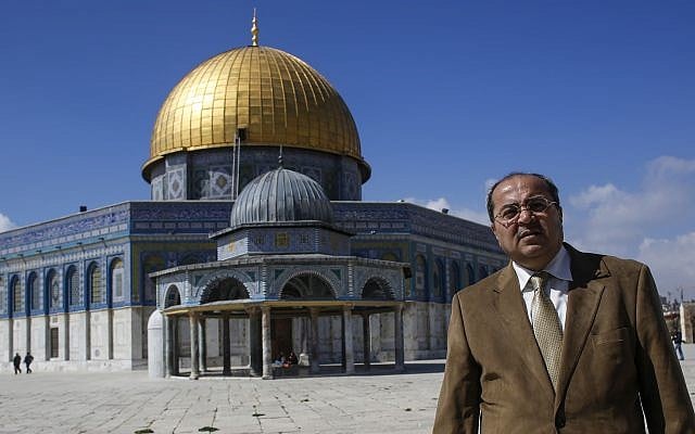 Arab MK Ahmad Tibi is seen atop the Temple Mount in Jerusalem's Old City on February 25, 2014. (Sliman Khader/Flash 90) Arab MK Ahmad Tibi is seen atop the Temple Mount in Jerusalem's Old City on February 25, 2014. (Sliman Khader/Flash 90)