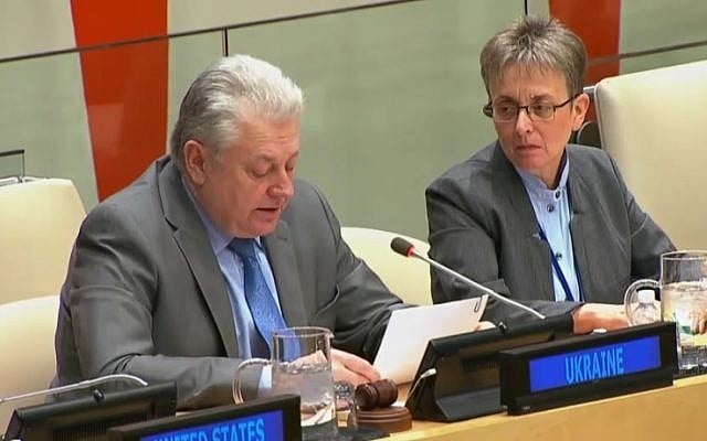 Leah Goldin, mother of slain IDF soldier Hadar Goldin, sits alongside Ukraine's envoy to the UN Volodymyr Yelchenko, at United Nations headquarters in New York, December 22, 2017 (UN Web TV screenshot) Leah Goldin, mother of slain IDF soldier Hadar Goldin, sits alongside Ukraine's envoy to the UN Volodymyr Yelchenko, at United Nations headquarters in New York, December 22, 2017 (UN Web TV screenshot)