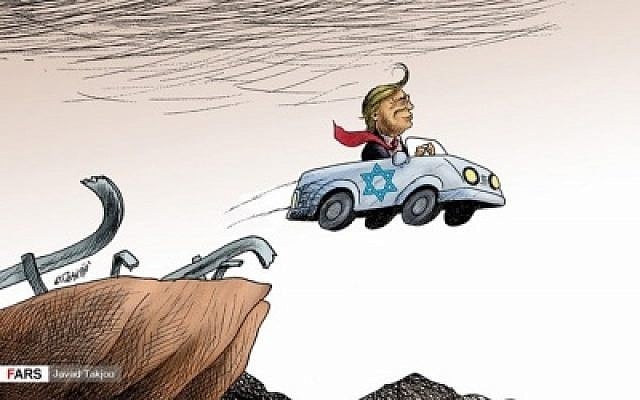 In a cartoon published on December 16 in the Arabic-language edition of Iran's Fars newspaper, US President Donald Trump is depicted driving off a cliff in a car marked with the Star of David, following Trump's recognition of Jerusalem as Israel's capital. (via the Anti-Defamation League)