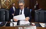 Sen. Al Franken  looks over his papers during a Senate Energy and Natural Resources Committee hearing on hurricane recovery efforts in Puerto Rico and US Virgin Islands, on Capitol Hill November 14, 2017 in Washington, DC.  (Photo by Mark Wilson/Getty Images via JTA)