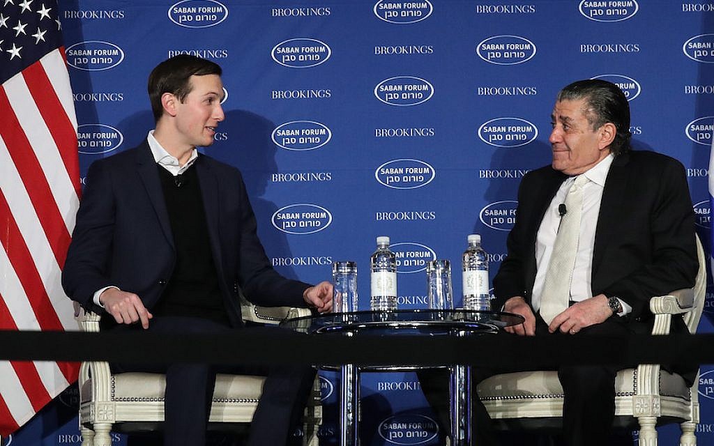 Haim Saban, right, interviewing Jared Kushner at a forum on Israeli affairs he hosts each year in Washington, D.C., December 3, 2017. (Drew Angerer/Getty Images) Haim Saban, right, interviewing Jared Kushner at a forum on Israeli affairs he hosts each year in Washington, D.C., December 3, 2017. (Drew Angerer/Getty Images)