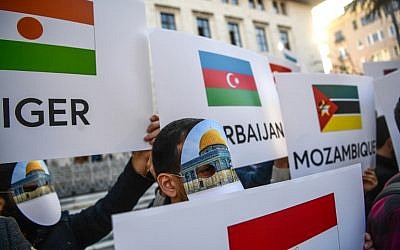 Protesters wearing masks featuring Jerusalem's Dome of the Rock Mosque and holding OIC countries flags take part in a protest against the US recognition of Jerusalem as Israel's capital on December 13, 2017  near the venue of Organisation of Islamic Cooperation's Extraordinary Summit in Istanbul.  
Turkish President opened in Istanbul an emergency summit of the world's main pan-Islamic body the Organisation of Islamic Cooperation (OIC), seeking to marshal Muslim leaders towards a coordinated response to the US recognition of Jerusalem as Israel's capital. / AFP PHOTO / OZAN KOSE