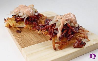 Reuben latkes: a sugar-free, gluten-free and greasy holiday snack. (Courtesy/Hudi Greenberger)