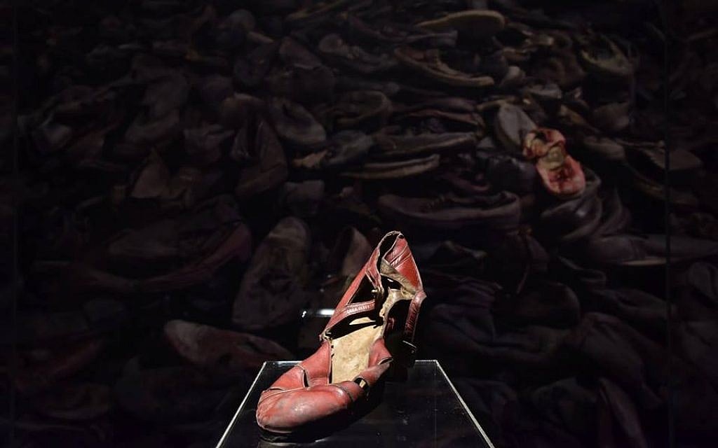 Shoes taken from victims at the Nazi-built death camp Auschwitz-Birkenau, some of which are part of a global tour of artifacts from Auschwitz-Birkenau launched in December 2017 (Courtesy of Musealia)