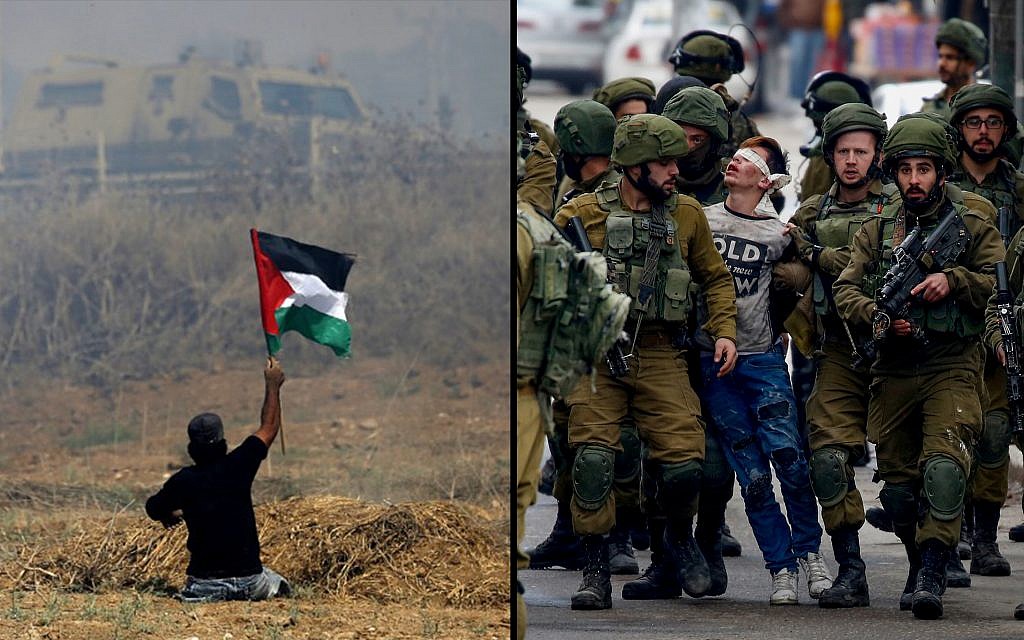 Left: handicapped Palestinian demonstrator Ibrahim Abu Thurayeh during clashes with Israeli soldiers near the border fence east of Gaza City, May 19, 2017. (Mohammed Abed/AFP) Right: 16-year-old Fawzi al-Junaidi is arrested by Israeli soldiers at a protest in Hebron, December 7, 2017. (Wisam Hashlamoun/Flash90) Left: handicapped Palestinian demonstrator Ibrahim Abu Thurayeh during clashes with Israeli soldiers near the border fence east of Gaza City, May 19, 2017. (Mohammed Abed/AFP) Right: 16-year-old Fawzi al-Junaidi is arrested by Israeli soldiers at a protest in Hebron, December 7, 2017. (Wisam Hashlamoun/Flash90)
